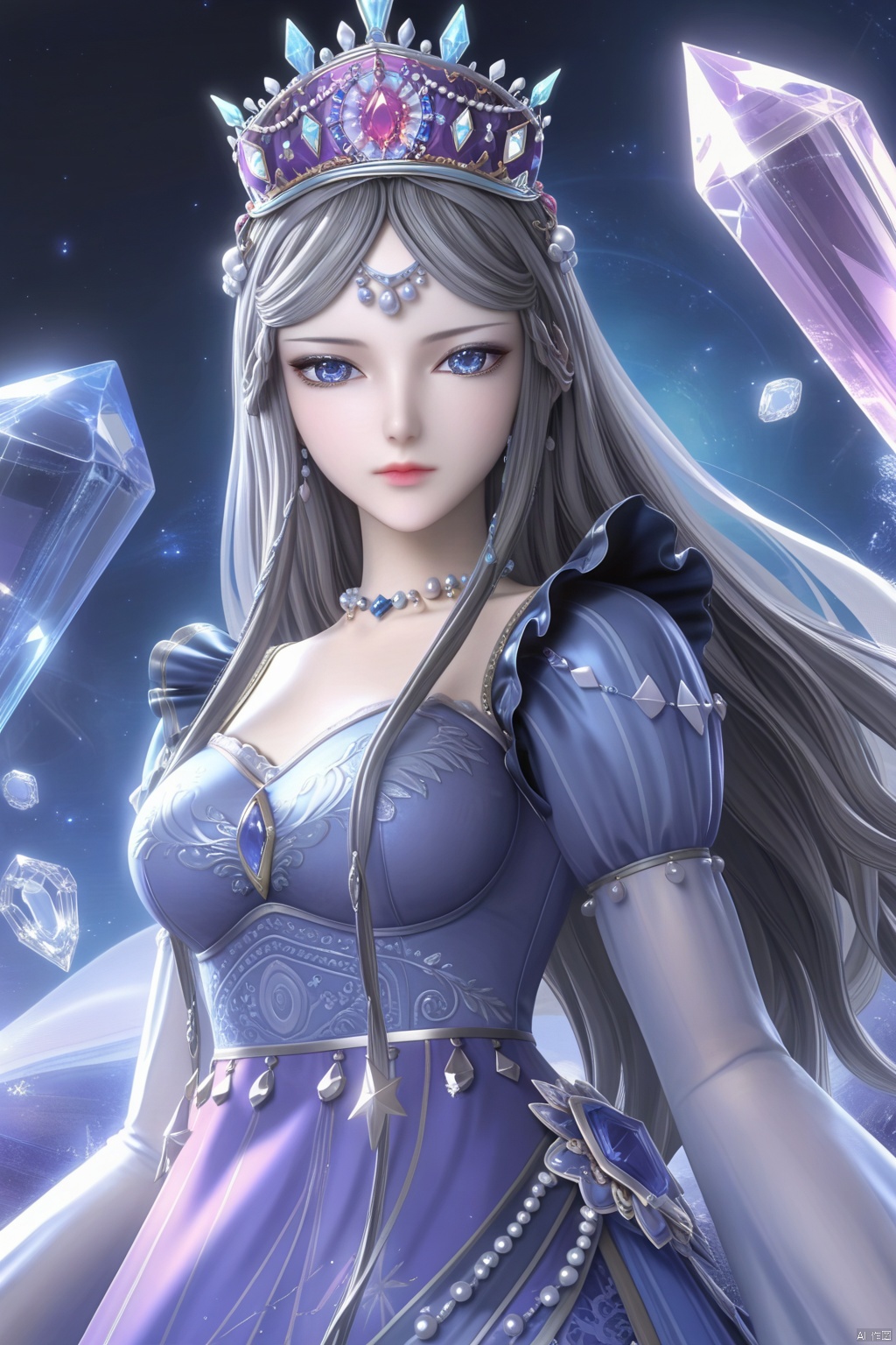 masterpiece, best quality, masterpiece,best quality,official art,extremely detailed CG unity 8k wallpaper,1girl,solo,long hair,looking at viewer,blue eyes,grey hair,jewelry,long sleeves,dress,necklace,blue dress,crown,crystal,gem