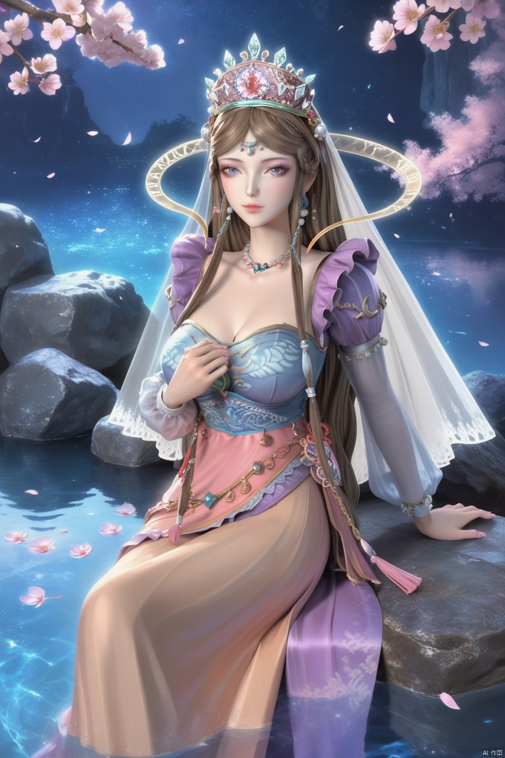 score_9,score_8_up,score_7_up,1girl,solo,long hair,brown hair,dress,jewelry,hair ornament,headpiece,braid,earrings,necklace,makeup,crown,large breasts,veil,Cherry Blossoms,water,sitting,stone,legs,high heels,looking at viewer