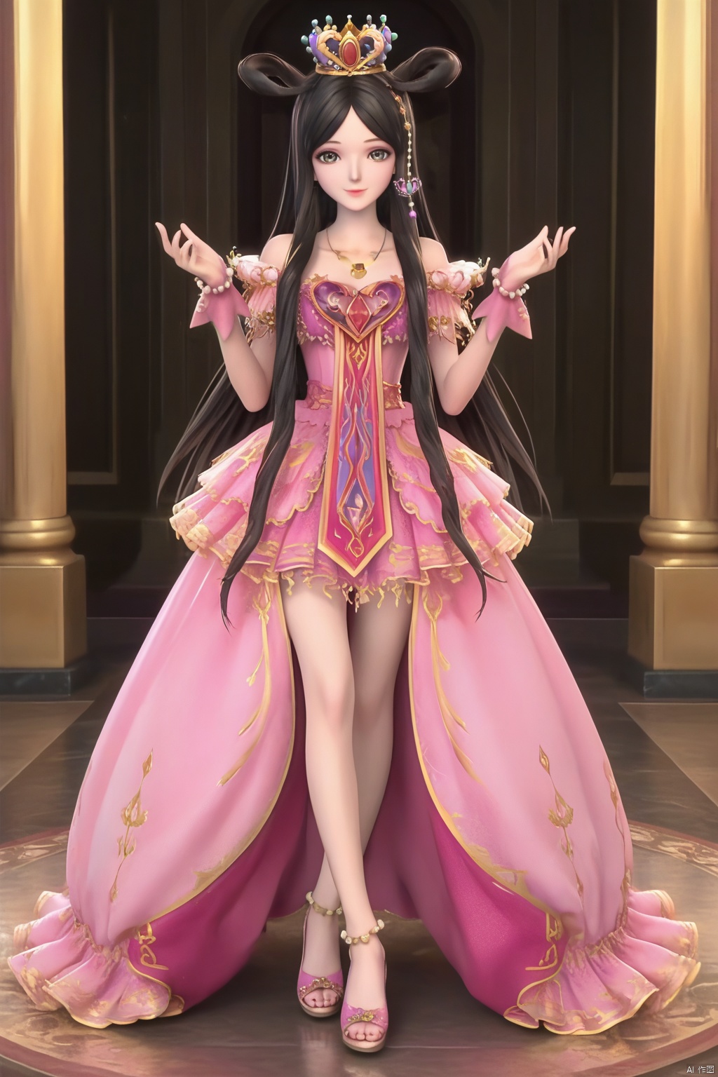 masterpiece, best quality, masterpiece,best quality,official art,extremely detailed CG unity 8k wallpaper,1girl,solo,long hair,looking at viewer,black hair,very long hair,crown,pink dress,hair rings,necklace,bare shoulders,jewelry,happy,happy,standing,legs,shoes,long dress,legs,shoes,skirt flip,open skirt,feet,(Show one's legs:1.3),(legs:1.3),thighs,(open dress:1.3)