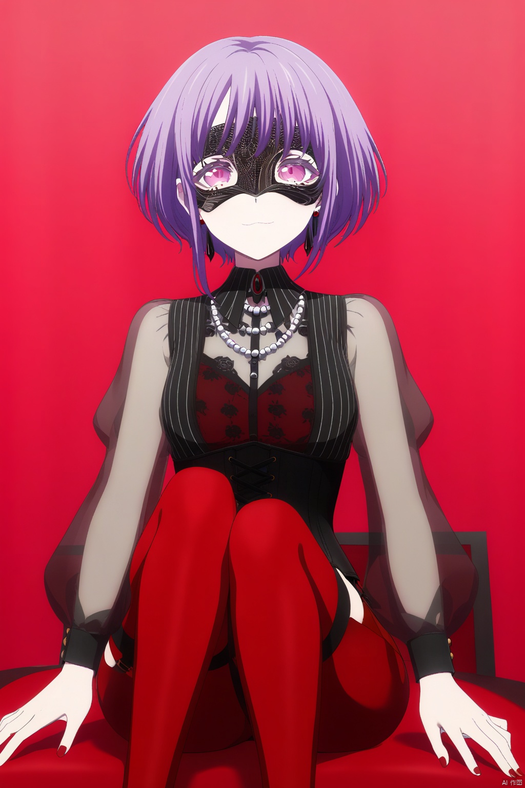 Yuutenji Nyamu,short hair,purple eyes,red eyes,bangs,purple hair,
red shorts,long sleeves,see-through sleeves,garter straps,red thighhighs,jewelry, corset, red footwear, puffy sleeves, black shirt, red nails, black earring,black_mask,