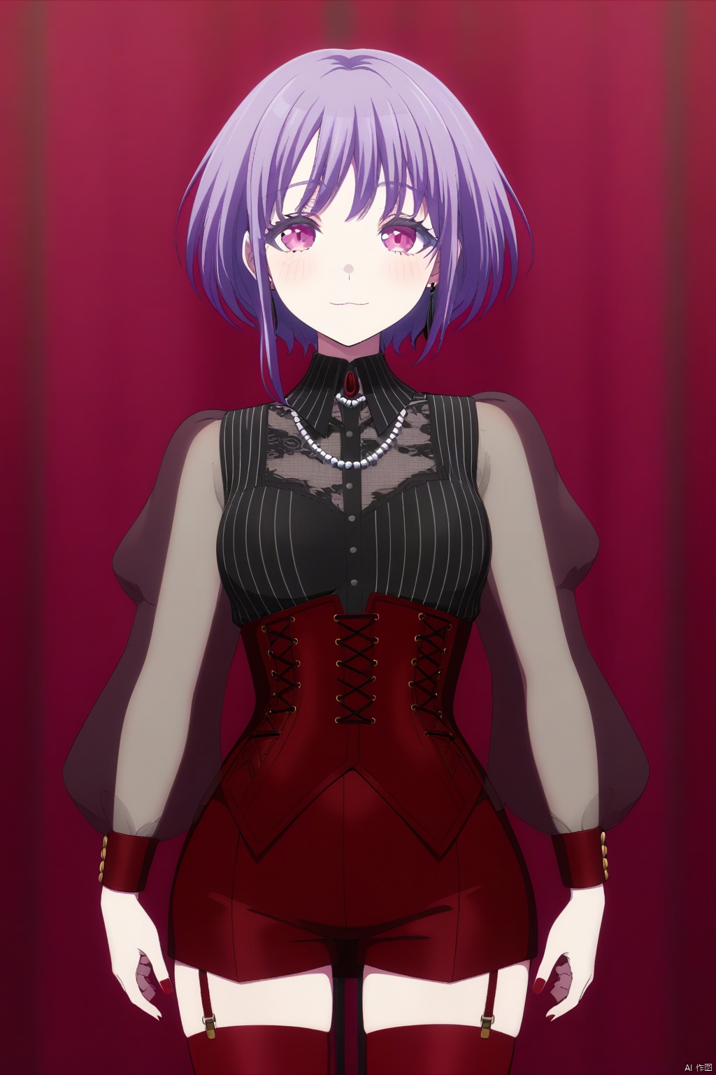 Yuutenji Nyamu,short hair,purple eyes,red eyes,bangs,purple hair,
red shorts,long sleeves,see-through sleeves,garter straps,red thighhighs,jewelry, corset, red footwear, puffy sleeves, black shirt, red nails, black earring