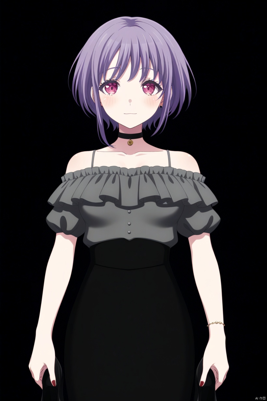 Yuutenji Nyamu,short hair,purple eyes,red eyes,bangs,purple hair,
skirt, shirt,bare shoulders,collarbone,short sleeves,frills,choker,black skirt,off shoulder,black footwear,high heels,black choker,grey shirt,off-shoulder shirt,frilled shirt