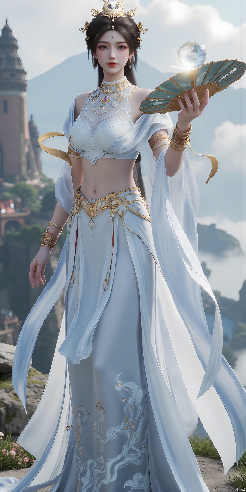 Her face is as pure and white as jade, with affectionate eyes and brows. Her eyes are as bright as stars. Her raven - black hair cascades down smoothly. On top of her head is a crown inlaid with glittering pearls. She is dressed in a white floor - length dress, and on the hem are patterns of fairy clouds outlined with golden threads. In her hand, she holds a jade ruyi inlaid with gemstones. A soft golden glow emanates from her body. She stands on the peak of a fairy mountain surrounded by clouds and mist, with the fairy - air - filled Yaochi behind her.
 
With a delicate oval face, snow - white skin, and a cherry - like mouth that is naturally rosy, she has a gentle and dignified expression, exuding an elegant temperament. Her long hair is coiled into an exquisite bun, adorned with gorgeous jade hairpins. She is wearing a light - blue long - sleeved fairy - flowing dress. The cuffs and hem are embroidered with delicate silver - thread patterns. In her hand, she holds a crystal ball that emits a soft blue light. Spiritual energy surrounds her body. She stands by the glistening Yaochi, with blooming fairy lotus flowers around.
 
Her facial features are as delicate as a painting. Her eyes reveal intelligence and liveliness. She has a confident and composed look. Her long hair is casually tied up, with a white jade hairpin inserted. A few strands of hair fall beside her fair cheeks. She is dressed in a pink gauze - like long robe with fluttering sleeves. Around her waist is a golden belt inlaid with rubies. In her hand, she holds a folding fan that emits a soft glow. On the fan is painted a landscape painting. She stands in front of the fairy - air - filled magnificent buildings, with the bustling and flourishing Yaochi fairyland behind her.