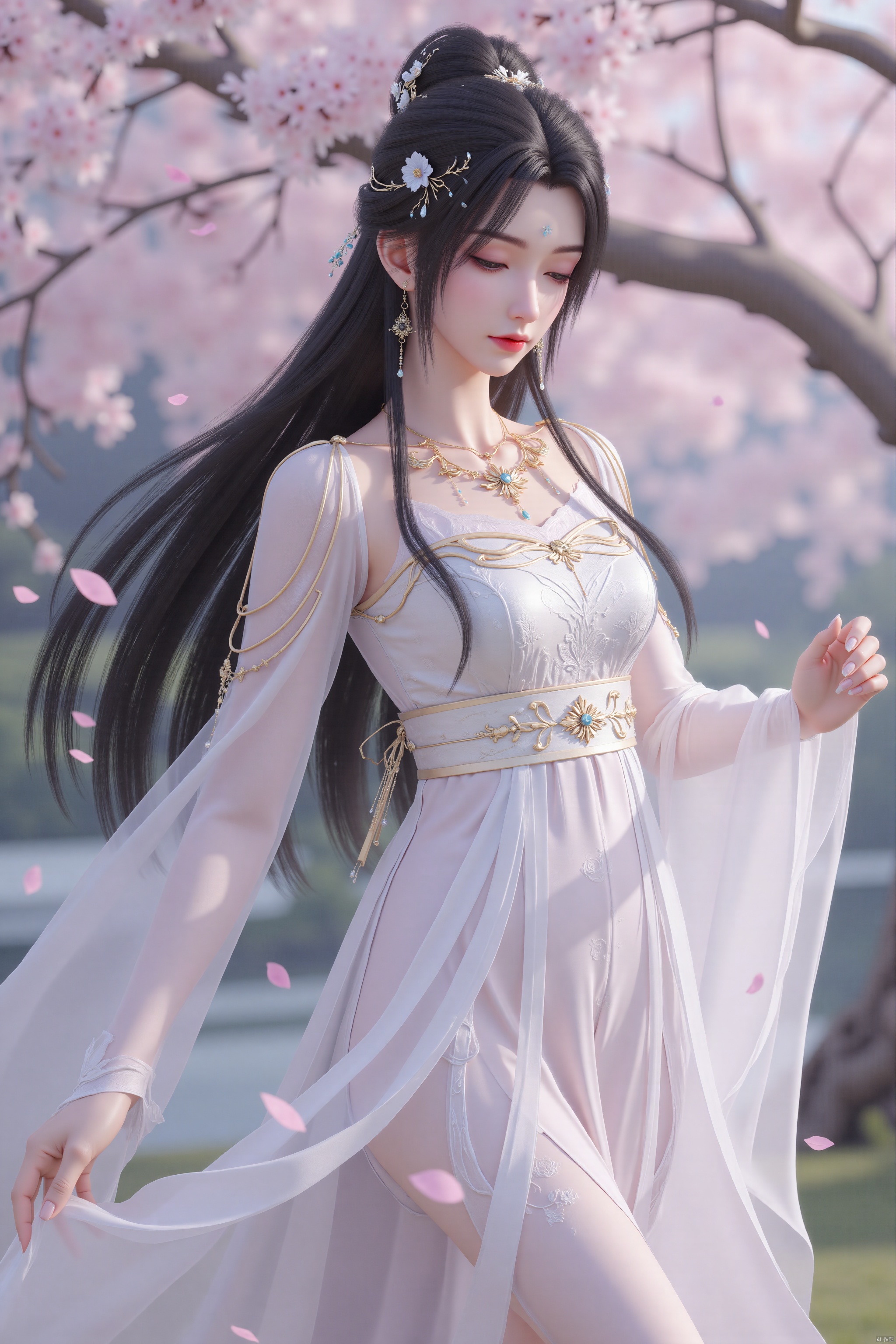 • Character Image: The female character has long black hair, adorned with delicate flowers and hair accessories.• Costume Design: She is wearing a light, white or pale pink traditional-style dress with gold decorations and embroidery, which gives it an elegant and luxurious appearance.• Posture: She stands with her body slightly turned, gently lifting the hem of her dress with one hand, displaying a tender and graceful posture.• Background: The backdrop features a blurred natural setting with blooming cherry blossom trees, and petals falling through the air, creating a dreamy atmosphere.• Environment: Branches of cherry blossom trees are interwoven throughout the scene, adding depth and natural beauty to the image.• Accessories: She wears long, elegant earrings and an exquisite necklace, which complement her attire.