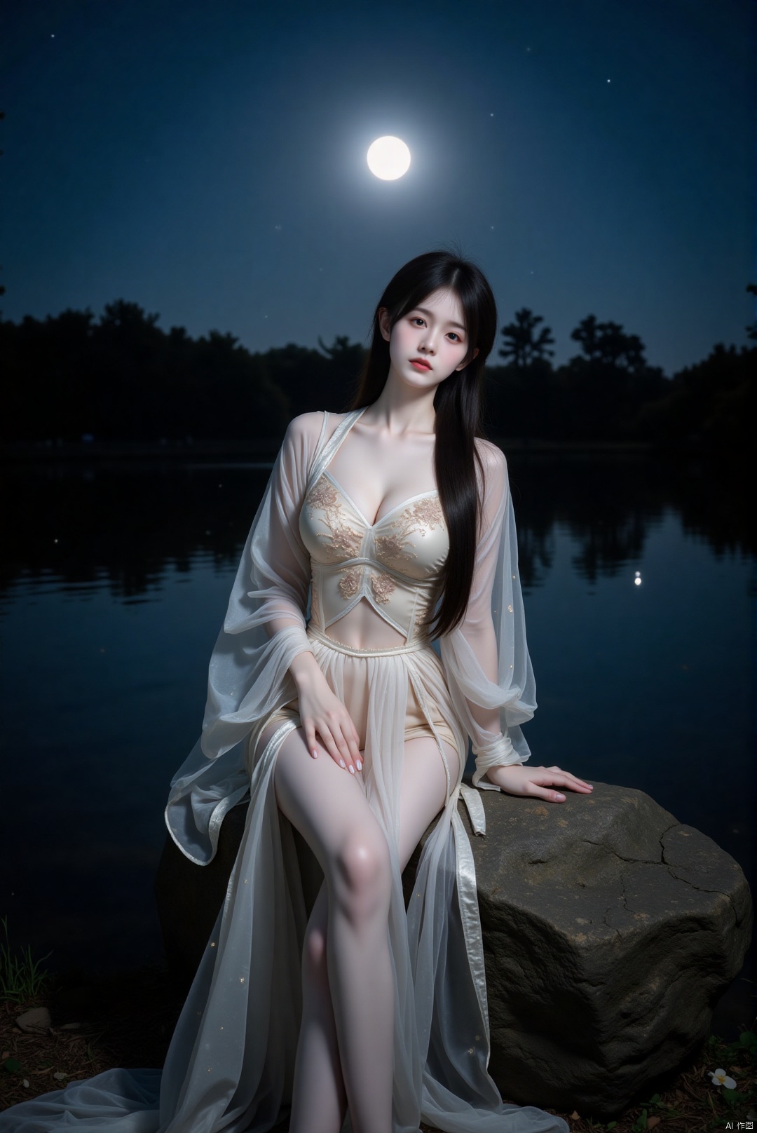 On a moonlit night, a Chinese woman with a long, straight black hair and a hanfu of white silk stands near a tranquil lake. The dress is adorned with delicate floral patterns, hugging her figure and accentuating her bust. She sits on a rock, one leg bent with her thigh resting on the rock's edge, the other leg dipping into the water. The camera captures her from a low angle, the moon's reflection on the water adding a silver sheen to her silhouette. Her pose is one of quiet contemplation, her gaze fixed on the moon, creating a serene and enchanting scene.