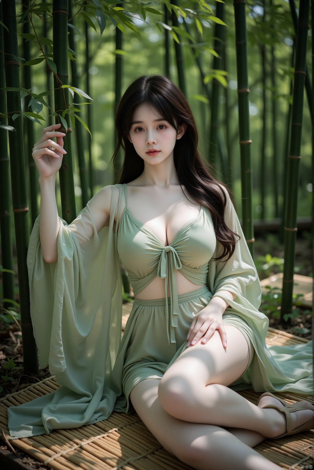 Amidst a bamboo forest, a Chinese beauty with long, wavy black hair reclines on a bamboo mat. Her hanfu is a soft, flowing green, complementing the verdant surroundings. The dress is cut to showcase her generous bust, and as she leans on one arm, her other hand trails through the bamboo, her thighs partially exposed. The camera captures her from a high angle, framing her against the vertical lines of the bamboo, her body in a languid, reclining pose that exudes sensuality. The dappled light filtering through the leaves adds a touch of mystery to the scene.