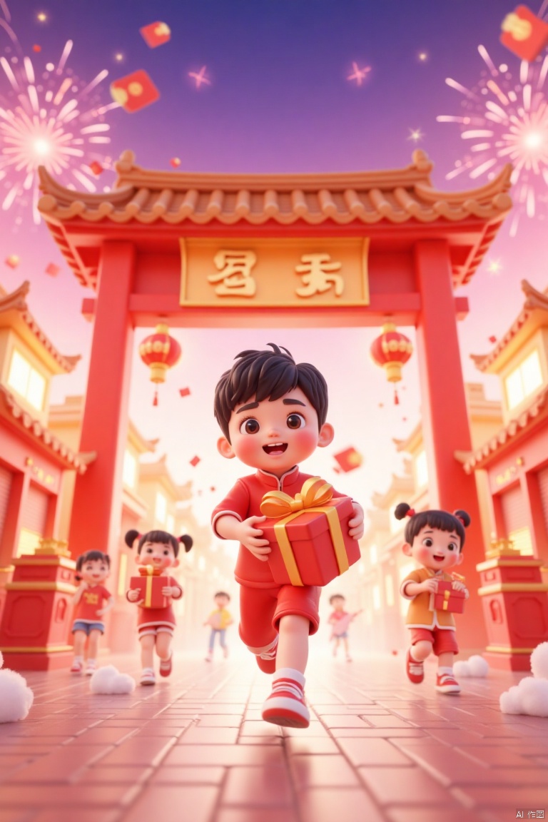 A 3D animation depicting a festive Chinese New Year scene. In the foreground,one children in traditional red clothing,running happily,He was holding a large gifts box in both hands,and behind them is a big red traditional Chinese archway with lanterns and large golden characters for "Fu". In the background,other characters,including adults and children,are dressed in festive costumes and setting off fireworks to celebrate the arrival of the Spring Festival. The sky is lit up by colorful fireworks in pink and purple hues,and the whole scene is filled with a joyful and festive atmosphere,