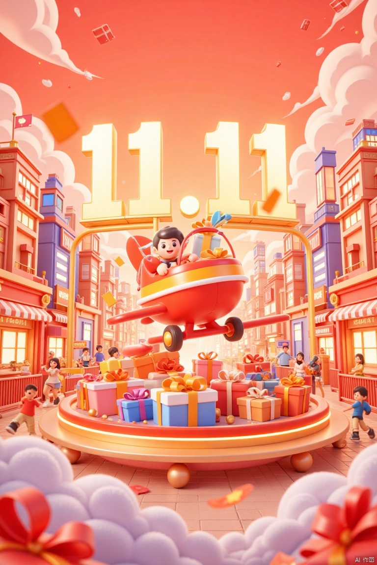 This picture is a digital illustration of a busy city playground. The theme is the scope of 11.11 activities. The city playground is located in the center of the image,surrounded by high-rise buildings and rotating tracks. The sky is orange-red. There is a cartoon plane on the rotating track in the middle of the picture. It is filled with gift boxes of various colors,
