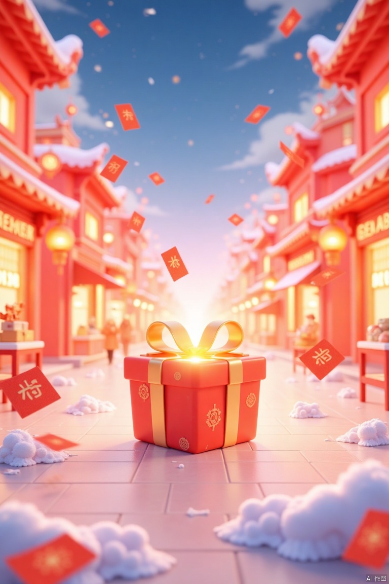 High definition, high detail, high resolution, a three-dimensional illustration of a vibrant New Year's Festival scene. A small glowing gift box, opened and radiant, sits at the center. The background features snow-covered Chinese buildings, small shops, and festive streets. Red envelopes float throughout, enhancing the Spring Festival atmosphere. The tilt angle and ultra-wide angle (1.3) capture the depth of field, while the long shot (1.3) emphasizes the expansive, celebratory setting. The virtual foreground and glowing gift box create a dynamic composition, with warm lighting and a joyful, festive mood permeating the entire scene.