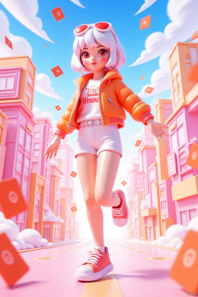 (3D:1.2),C4D,(oc rendering:1.2),This is a vibrant piece of digital art depicting a dynamic,stylized anime character. The character is a young woman with short white and red hair. She wears sunglasses on her head,adding a futuristic feel. Her outfit is a mix of modern and retro fashion elements,including a short white skirt,an orange jacket,and a surreal cityscape in the background,(with iconic landmarks such as the Ferris wheel:0.7),and a bright pastel sky. His arms are outstretched,suggesting movement and excitement,(the perspective is looking up at her from a low angle:0.7),giving a sense of movement and adventure. The overall style is rich in details and full of energy. The fusion of cartoon and realistic elements is typical of modern digital art,(cyberpunk city:1.5),