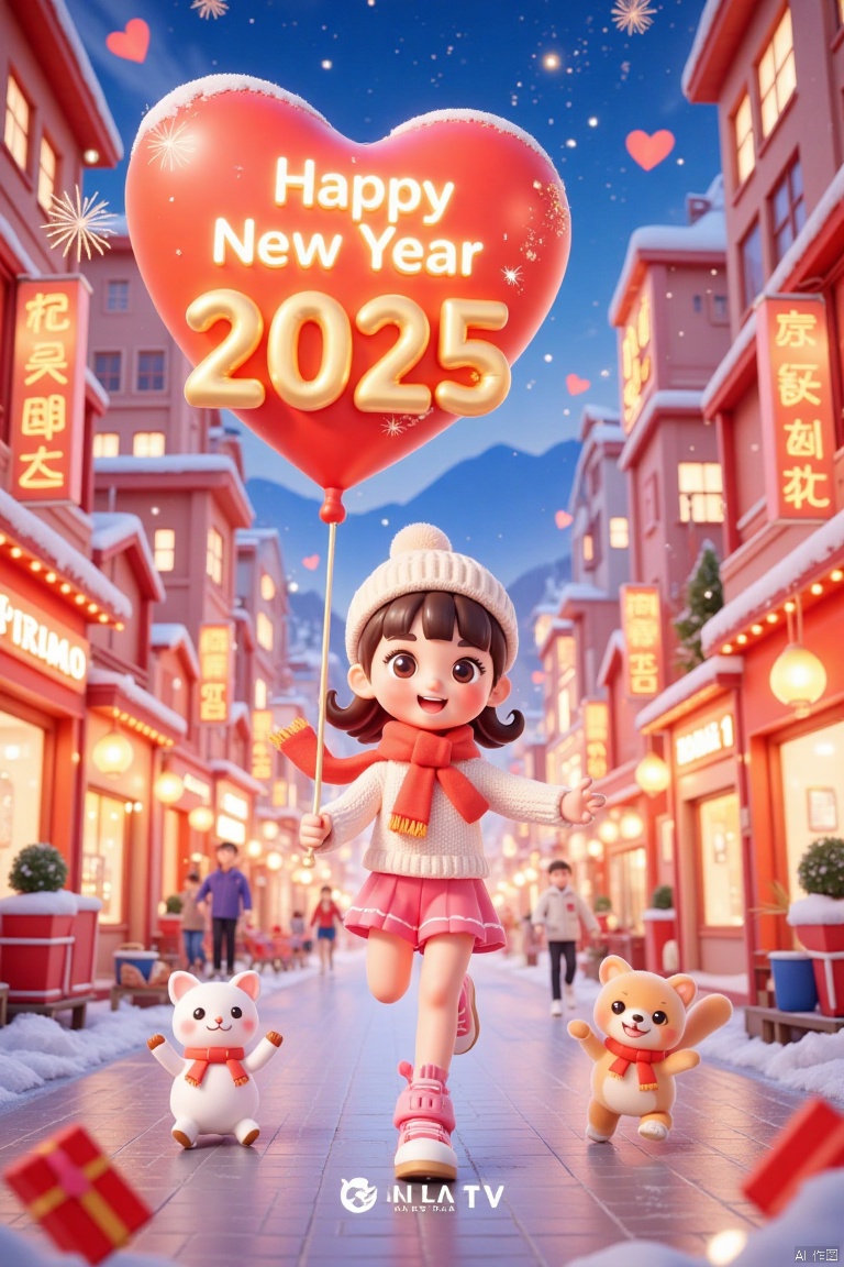 This is a 3D scene New Year poster, a lovely and beautiful girl wearing a white sweater, pink skirt and red scarf running in the street, (holding a huge heart-shaped balloon tied with a thin string, which says "Happy New Year 2025"), at night, the lights are on, and the surrounding buildings and trees are covered with snow. The girl wore a beige hat, with a happy expression on her face, there was a lovely kitten next to the little girl, in the busy night, the city streets with high-rise buildings were full of lanterns, pedestrians came and went, there were snowmen on the ground, the dark blue night sky was dotted with stars, fireworks, Kongming lanterns floating around, the distance is the blurred mountains, brightly lit, A romantic winter and spring snow scene