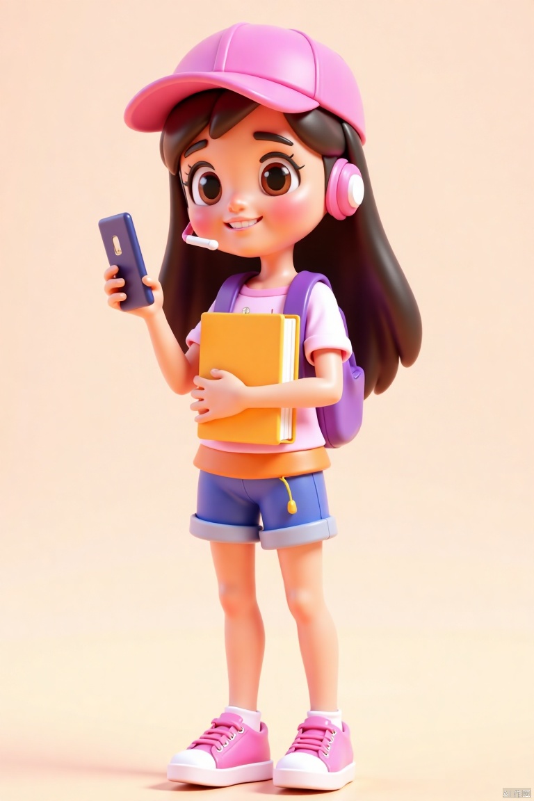 Pixar style, cartoon, a cute long haired girl wearing short sleeves and shorts, holding a phone in her left hand, holding a notebook in her arms, wearing a duckbill cap, facing forward, with a headset hanging around her neck, Disney Pixar animated character design, 3D rendering style, colorful, wearing pink shoes, colorful, dynamic posture, cheerful expression, high resolution, with super detailed details and high definition, phone,