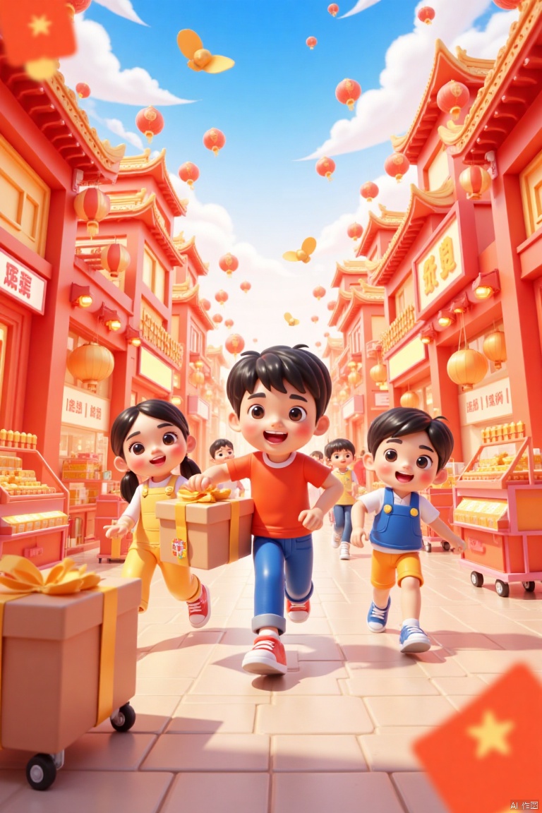 High definition, high detail, high resolution, a vibrant Chinese-style street scene filled with joy and festivity. A group of cheerful children happily shop along the bustling street, surrounded by colorful lanterns, traditional decorations, and lively vendors. The background features intricate Chinese architecture adorned with red banners and festive ornaments. Warm, glowing lighting enhances the celebratory atmosphere, while the wide-angle composition captures the dynamic energy of the scene. The children’s playful poses and the lively street activity create a sense of happiness and excitement, embodying the spirit of a festive celebration.