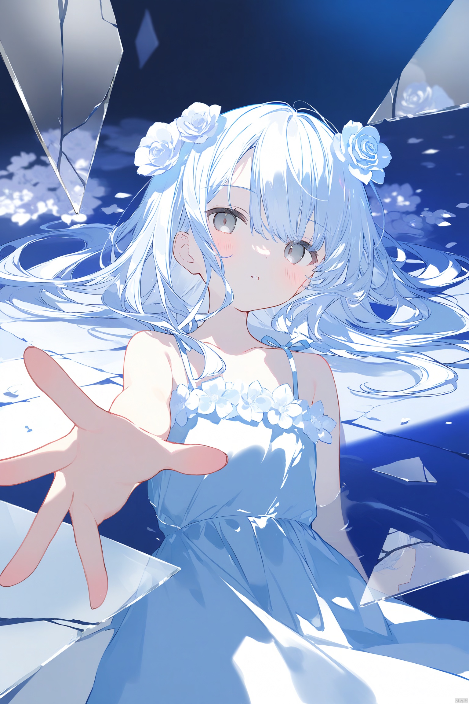 masterpiece,blurry background,background light,loli,loli,1girl,solo,long hair,dress,looking at viewer,white eyes,glass,white dress,grey eyes,white hair,flower,broken glass,white theme,dress flower,blue theme,bare shoulders,glass shards,white flower,reaching,reaching towards viewer,water,parted lips,closed mouth,sleeveless,reflection,sleeveless dress,white rose,watermark,expressionless