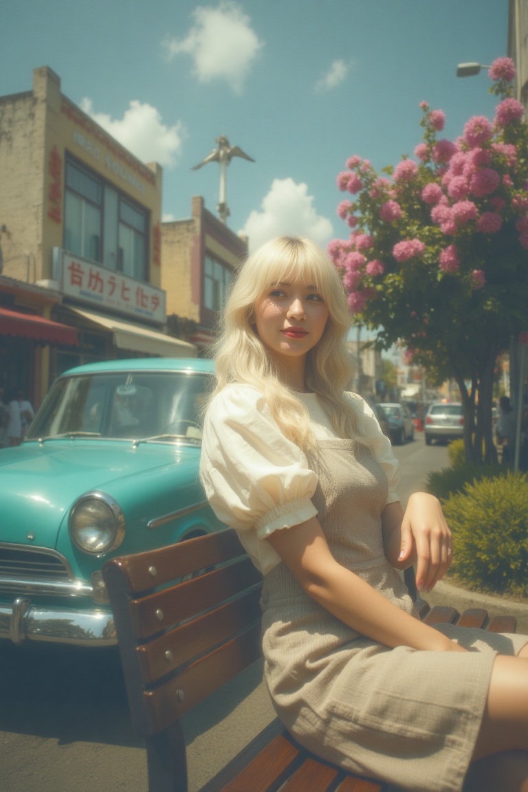 a vibrant,  nostalgic scene captured as a medium shot using a wide-angle focal length of approximately 28mm,  which draws...
