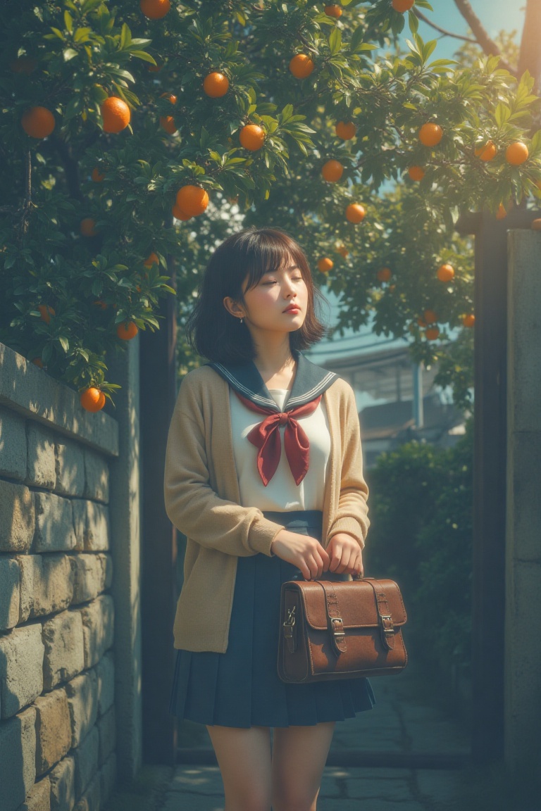 a woman in a Japanese school uniform standing beneath a vibrant orange tree,  captured from a low angle that gives the sce...