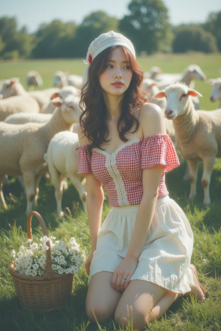 a woman kneeling gracefully in a sun-drenched meadow,  surrounded by a flock of sheep. The image is captured from a slight...