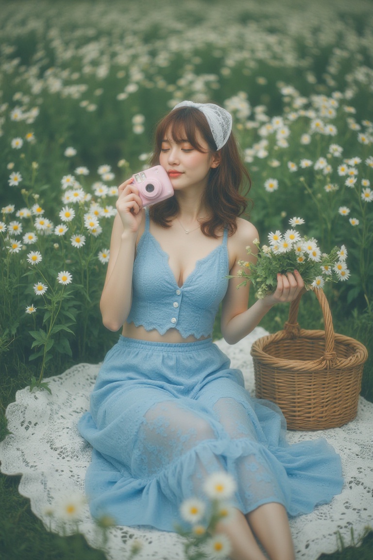 a woman sitting gracefully in a field of daisies,  composed with a slightly high angle and eye-level perspective that crea...