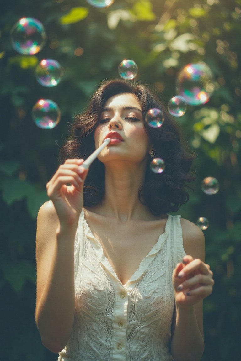 a woman blowing iridescent bubbles against a lush,  sun-dappled greenery background,  captured from a slightly low angle t...