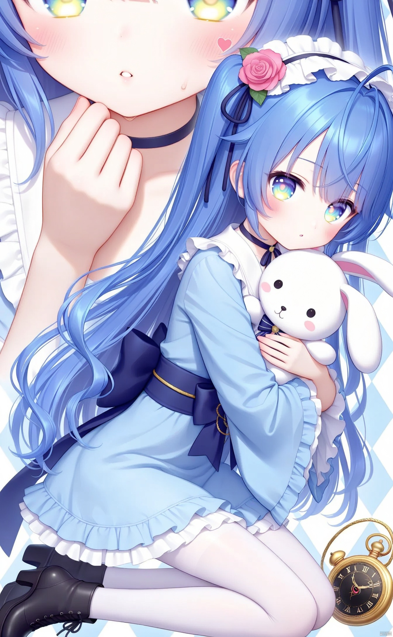 dim1_dim1-24f95918,1girl, solo, long hair, pocket watch, blue kimono, black footwear, stuffed rabbit, stuffed toy, watch, lolita fashion, very long hair, blue eyes, stuffed animal, wide sleeves, argyle background, blue bow, looking at viewer, blonde hair, playing card, bow, kimono, blush, card, hair bow, pink flower, japanese clothes, long sleeves, flower, pink rose, rose, ace of hearts, high heels, looking to the side, frills, club (shape), heart, diamond (shape), white pantyhose, blue dress, pantyhose, parted lips, alice (alice in wonderland), from side, dress, spade (shape), print kimono, kneeling, bottle, boots, ace (playing card), wa lolita, hugging object,dim1_dim1-24f95918, dim2_dim2-1_dim2-1-b0, dim3_dim3-paysage, 1girl, blue_hair, virtual_youtuber, choker, heart, navel, flat_chest, close-up, long_hair, hoshimachi_suisei, frills, amamiya_kokoro, black_choker, multiple_views, sweat