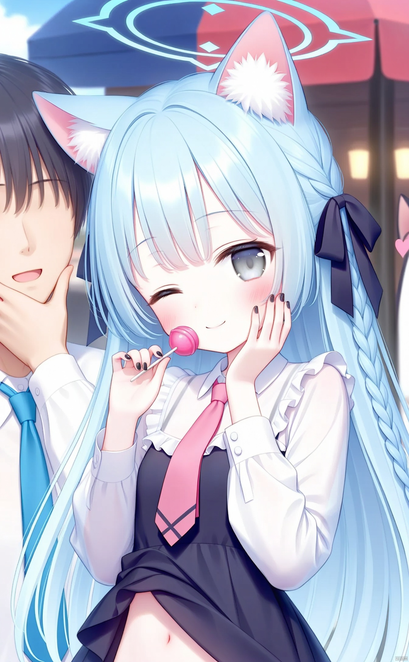 dim1_dim1-24f95918,1girl, animal_ears, solo, black_hair, necktie, pink_necktie, food, holding, candy, long_hair, looking_at_viewer, black_nails, shirt, long_sleeves, bangs, cat_ears, lollipop, holding_candy, heart, white_shirt, animal_ear_fluff, closed_mouth, hand_on_own_face, smile, holding_lollipop, holding_food, ribbon, braid, hand_on_own_cheek, frills, black_dress, upper_body, grey_eyes, dress, hair_ribbon,dim1_dim1-24f95918, dim2_dim2-1_dim2-1-b0, dim3_dim3-paysage, multiple_girls, 2girls, swimsuit, horns, hetero, halo, one_eye_closed, bikini, blue_hair, blue_halo, open_mouth, blush, red_horns, white_bikini, leg_lift, long_hair, purple_eyes, navel, outdoors