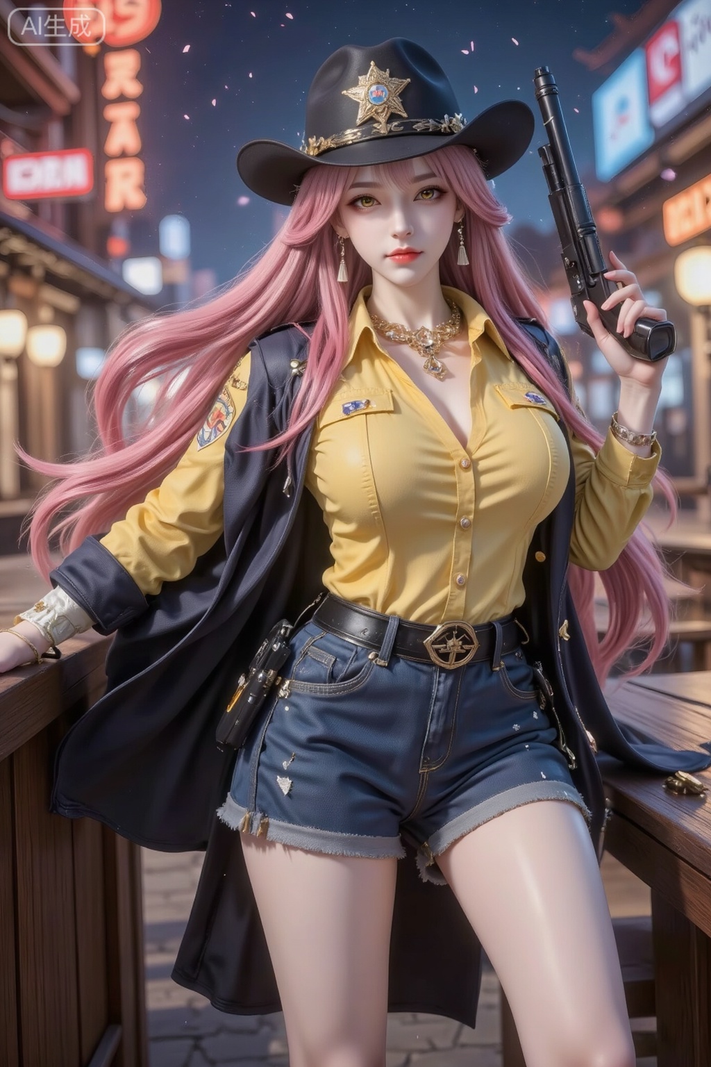 Masterpiece, best quality, high quality, (colorful), medium chest, (pink hair: 1.4), (long legs: 1.3), 1girl, Texas sheriff's female police officer wearing a police badge cowboy hat, holding a state-of-the-art shotgun in her hand, aiming at the front, with the muzzle facing down left