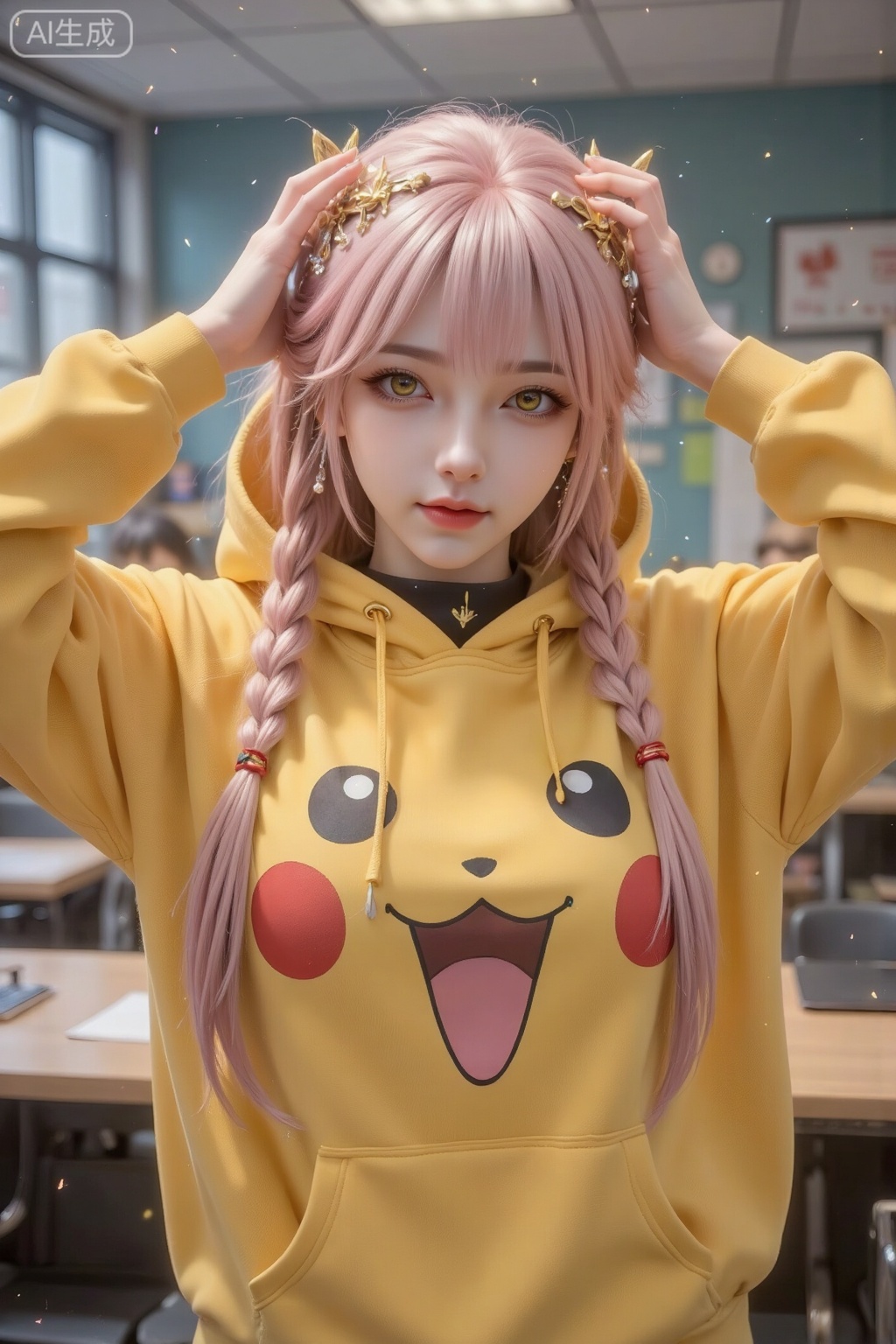 Masterpiece, best quality, high quality, (colorful), medium chest, (pink hair: 1.4), (long legs: 1.3),1girl, solo, long hair, looking at viewer, smile, open mouth, bangs, shirt, long sleeves, ribbon, twintails, brown eyes, jacket, hair ribbon, yellow eyes, braid, :d, fang, hood, twitter username, twin braids, sleeves past wrists, hands up, cosplay, black shirt, pokemon \(creature\), black ribbon, skin fang, hood up, pikachu, a young person with long blonde braids, wearing a yellow Pikachu-themed hoodie. The hoodie features a large Pikachu face on the front, and the person is holding the hood up with both hands. The individual is also wearing a black shirt with a Pikachu design on it. The background is in classroom, emphasizing the character in the foreground.
depth of field,cinematic lighting,light particles,lens flare, (artist:quasarcake:0.8),extreme aesthetic,(wlop:0.6),masterpiece,best quality,good quality,newest,year 2024,year 2023,very aesthetic,absurdres,Visual impact,A shot with tension, ultra-high resolution,32K UHD,sharp focus,best-quality,masterpiece,Emotionalization,unconventional supreme masterpiece,masterful details,temperate atmosphere,with a high-end texture,in the style of fashion photography, (Visual impact:1.2),giving the poster a dynamic and visually striking appearance,impactful picture,offcial art,colorful,splash of color,movie perspective, masterpiece,best quality,amazing quality,very aesthetic,absurdres,best quality,newest