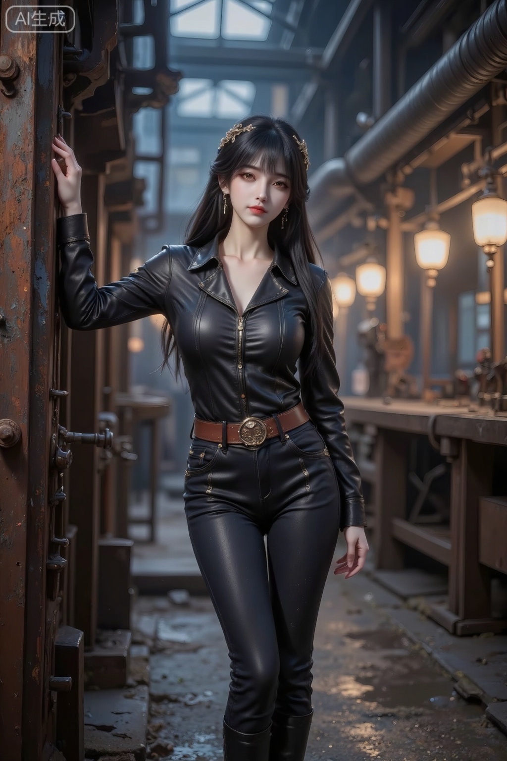 Masterpiece, highest quality, high quality, small breasts, (black hair: 1.4), (long legs: 1.3, (thin legs: 1.4),1girl,A stark, industrial aesthetic with a focus on metallic textures and weathered surfaces. The image captures the essence of decay and time, using dark tones and contrasting light to emphasize the aged appearance of the metal. The photograph is shot in a low-angle perspective, enhancing the sense of depth and texture. The composition is carefully balanced to highlight the intricate details of the rust and oil stains, creating a strong visual impact through the use of chiaroscuro lighting techniques.
The subject is a young woman of Taiwanese descent, with a pale complexion and a slender figure. She is dressed in a fitted black leather jacket with a rust-colored belt, paired with dark jeans and knee-high boots. Her facial features are sharply defined, with a subtle hint of makeup that emphasizes her natural beauty. The lighting is dramatic, casting long shadows that accentuate the texture of her skin and the metallic details of her clothing.
The setting is an abandoned factory floor, with rusted pipes and metal beams scattered across the ground. The atmosphere is heavy with dust and the scent of oil, creating a sense of foreboding. The light is cold and directional, coming from the upper left, casting sharp shadows across the scene. The perspective is low, with the woman standing at the edge of the frame, looking out into the industrial wasteland. The color palette is dominated by dark blues, greys, and rusty reds, with subtle highlights of light on the metal surfaces.
The overall composition is a powerful representation of industrial decay and the passage of time. The woman's presence in this environment contrasts with the harsh, weathered surroundings, creating a compelling visual narrative. The use of texture and lighting adds depth and realism to the image, making it a striking example of contemporary street photography.