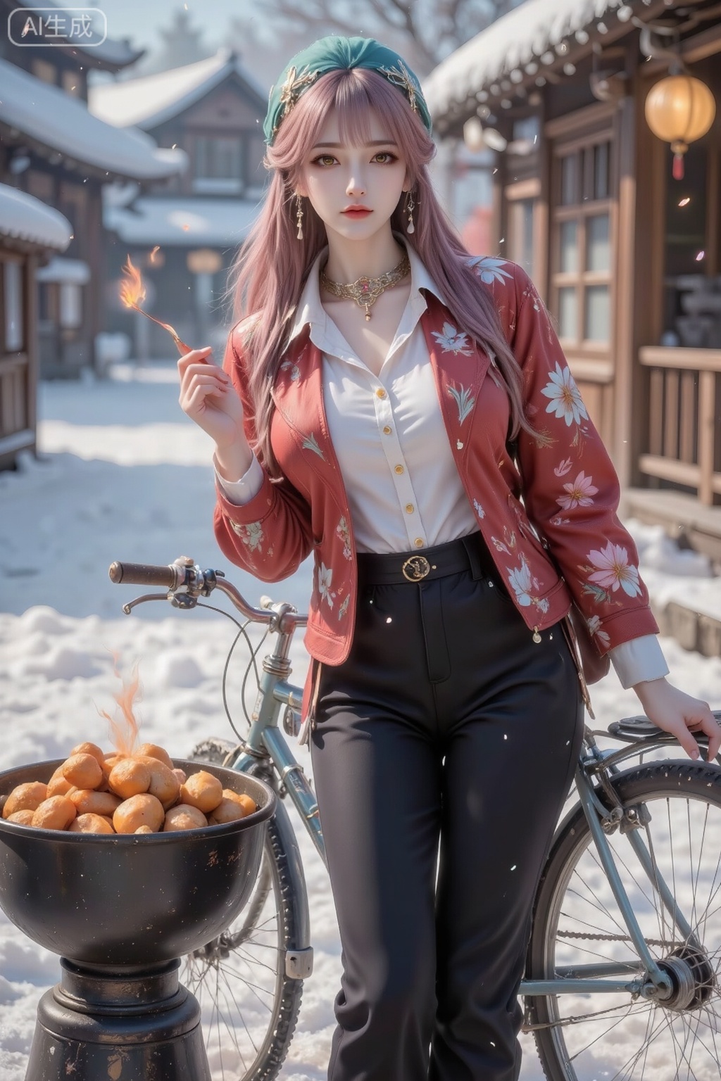 Masterpiece, best quality, high quality, (colorful), medium chest, (pink hair: 1.4), (long legs: 1.3), 1girl, A messy and flowing beauty with long hair with a waist, a red flowery cotton jacket, a green turban, a black cotton pants, leaning against a 28-bar bicycle, round big eyes, tilting her head and questioning expression, holding roasted sweet potatoes in her hand, an old-fashioned roasted sweet potato bucket stove beside her, telephoto photography, heavy snow covers the green village, beautiful artistic conception.
