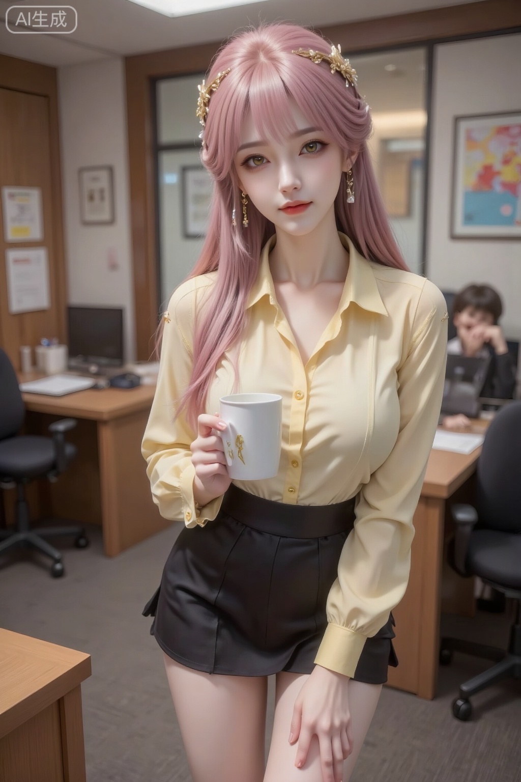 Masterpiece, best quality, high quality, (colorful), medium chest, (pink hair: 1.4), (long legs: 1.3), 1girl, first person perspective, background is the office, beautiful secretary bent down and holding a cup of coffee in his hands, handed to the camera, light yellow shirt, unbuttoned two buttons, golden earrings, black skirt, black high heels, high definition photography, light and dark contrast, close-up facial features, ultra-high definition picture quality, rich details, light and shadow aesthetics