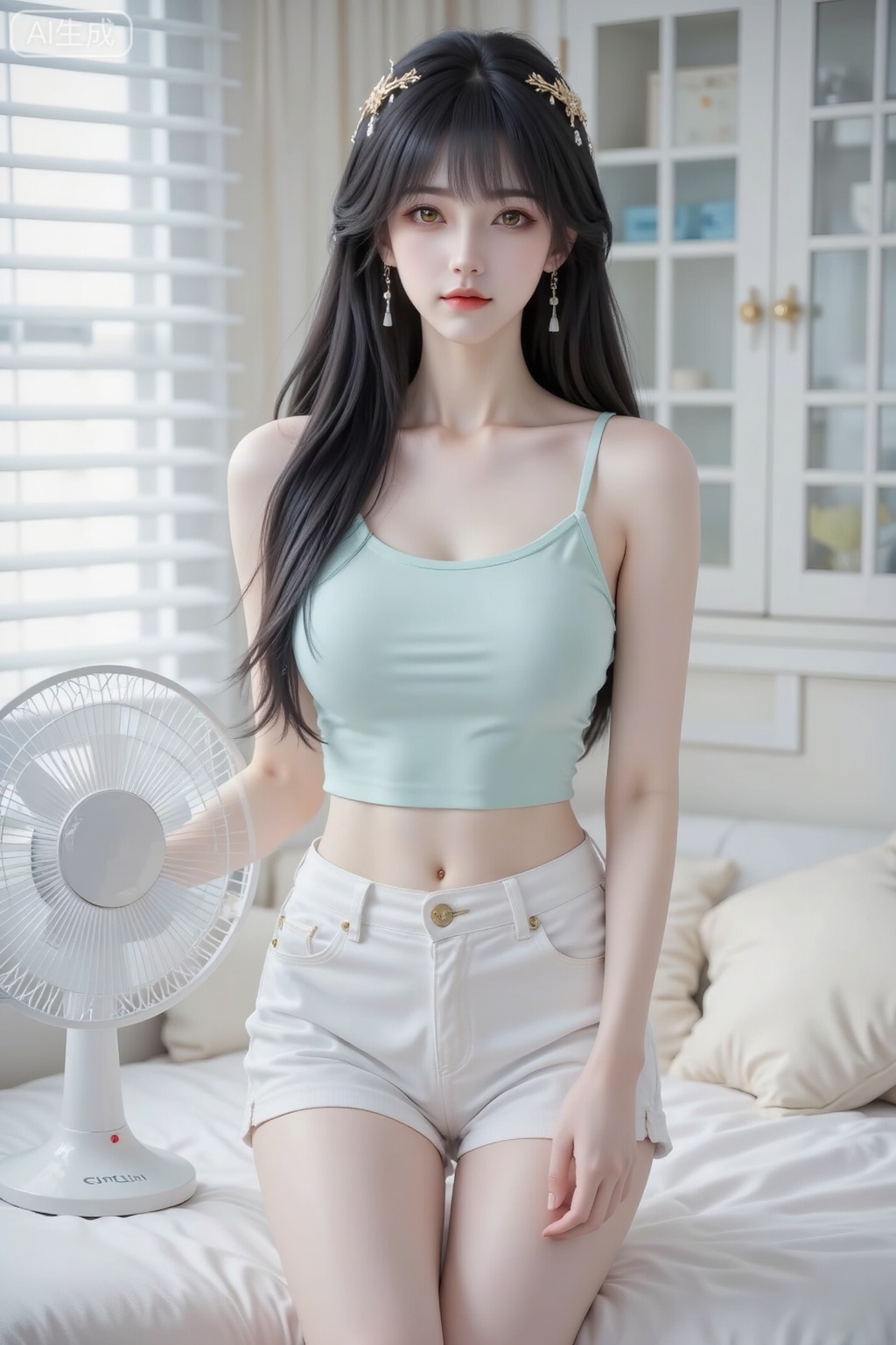 Masterpiece, highest quality, high quality, small breasts, (black hair: 1.4), (long legs: 1.3, (thin legs: 1.4),The image shows a young woman with long dark hair, wearing a light green crop top and white shorts. She is standing next to a white fan placed on a white couch. The background includes a window with white blinds and a white cabinet with glass doors. The setting appears to be a bright, well-lit room, possibly a bedroom or living area.Canon EOS R5 with a 50mm f/1.8 lens. Set aperture to f/4 - f/8, shutter speed to 1/100s - 1/200s, and ISO to 100 - 400.