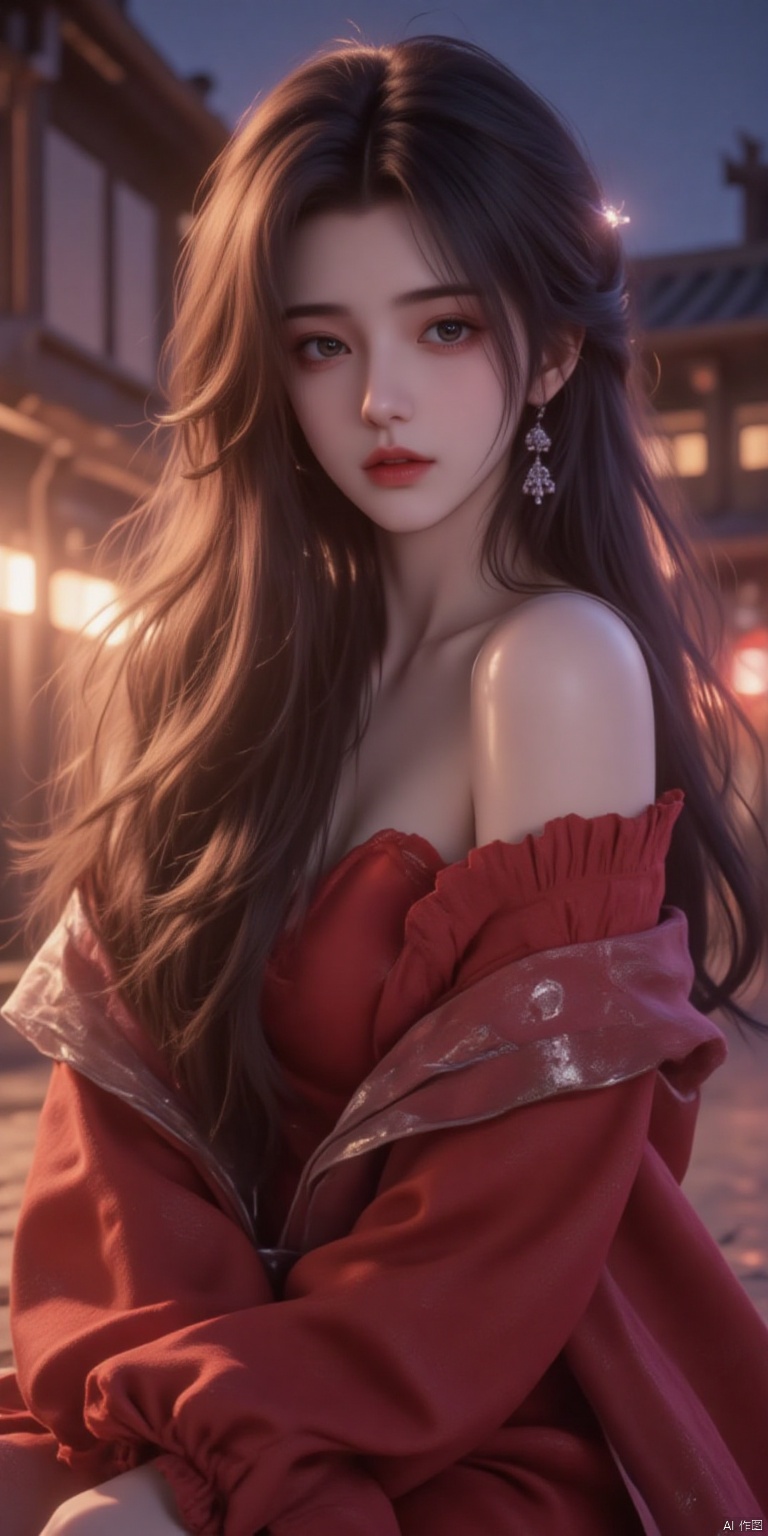 a asian woman, sexy long hair, charming and seductive temperament, distant close-up, golden ratio, movie texture, minimalism, high-end feeling, strong contrast between cold and warm, outdoor scenes,