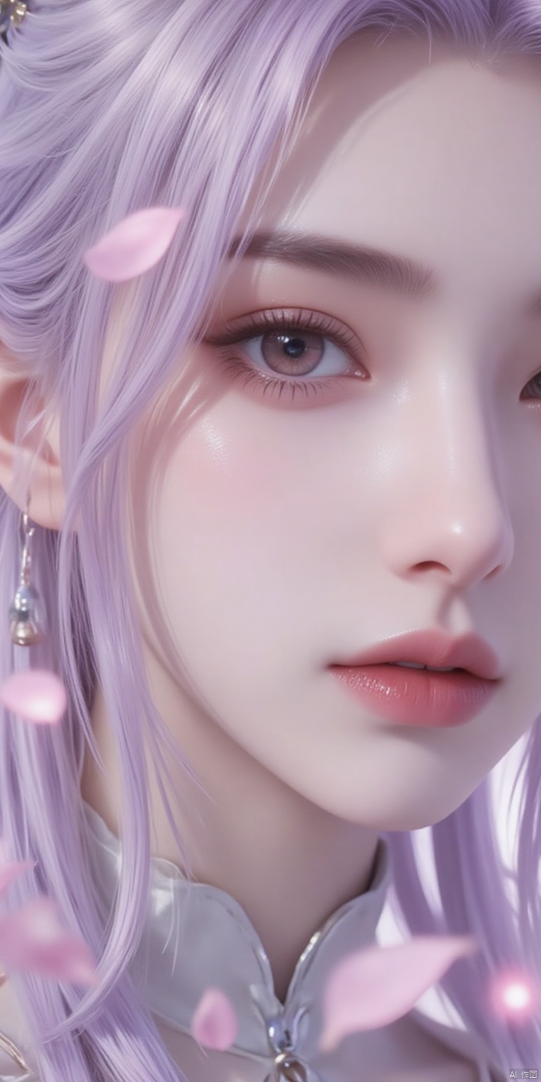 close-up of beautiful woman's face,female characters,white hair,sexy long hair. beautiful eyes,red eyes,Heterochromatic pupil. eye shadow,falling petals,blurry foreground.,