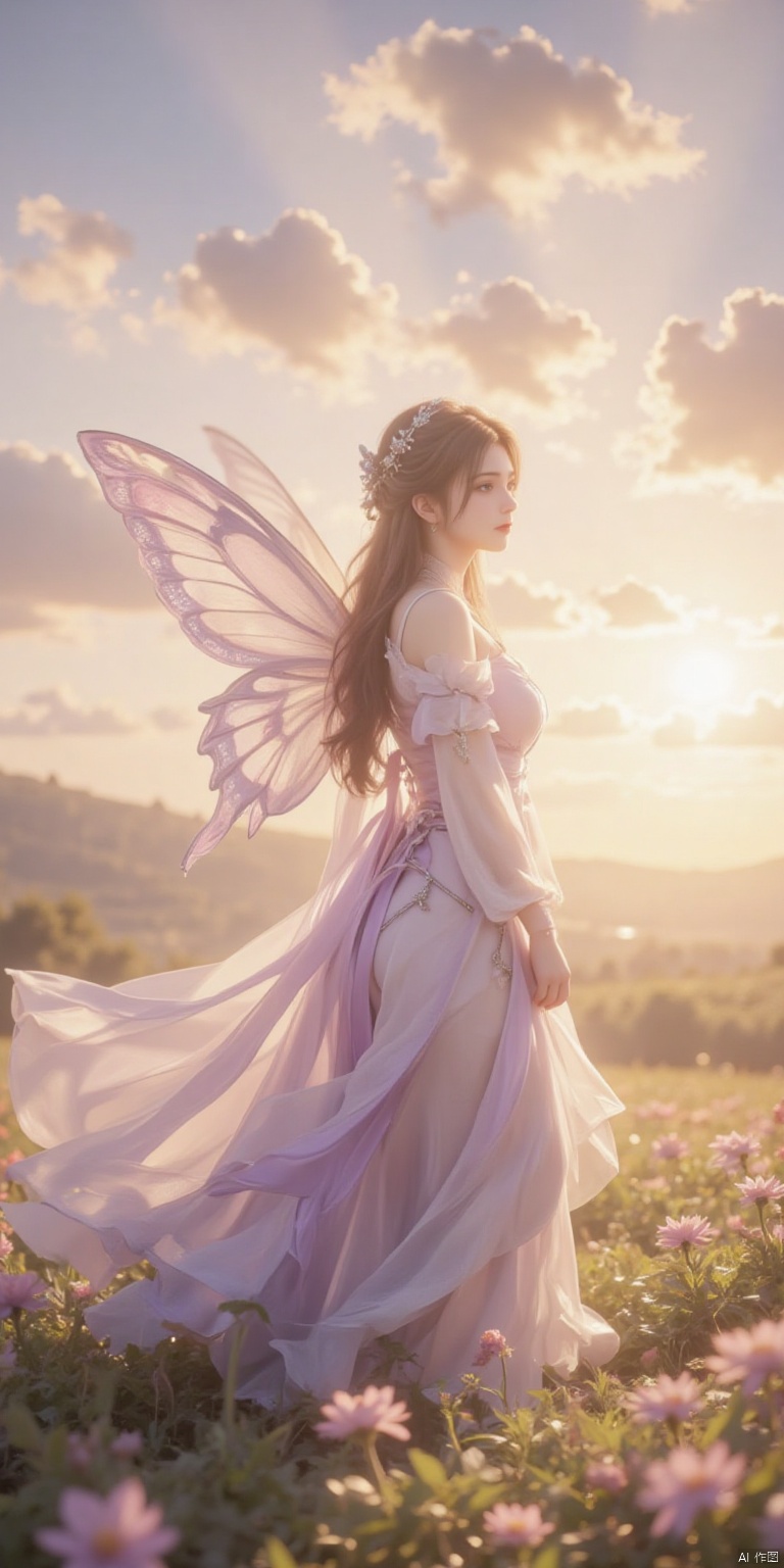 (best quality,4k,8k,highres,masterpiece:1.2),ultra-detailed,(realistic,photorealistic,photo-realistic:1.37)"((Innocent)) girl, golden hour, dreamy meadow, ethereal, whimsical, flowing dress, soft sunlight, enchanting, butterfly wings, (pastel clouds), liquid reflections,PorcelainDollPrincess,Ar89,BEST_OF,concept art