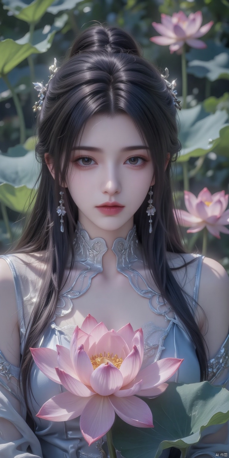 sdmai,bohenv,Lotus,lotus pond,water drops,1girl,solo,realistic,flower,looking at viewer,water,black hair,parted lips,jewelry,long hair,earrings,brown eyes,lips,