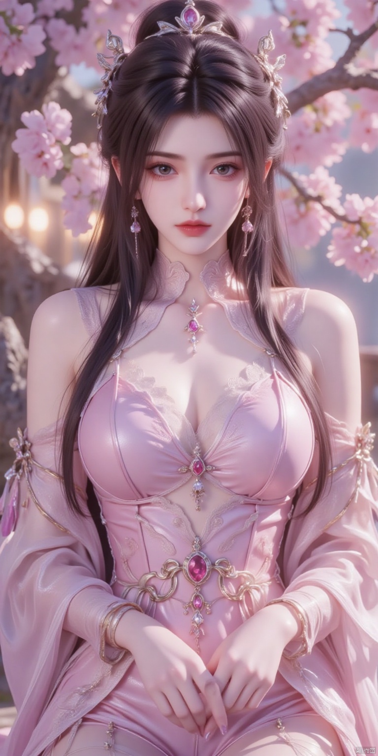 ultra realistic 8k cg,picture-perfect face,flawless,clean,masterpiece,professional artwork,famous artwork,cinematic lighting,cinematic bloom,perfect face,beautiful face,fantasy,dreamlike,unreal,science fiction,beautiful clothes,lace,lace trim,lace-trimmed legwear,(rich:1.4),prestige,luxury,jewelry,diamond,gold,pearl,gem,sapphire,ruby,emerald,intricate detail,delicate pattern,charming,alluring,seductive,erotic,enchanting,hair ornament,necklace,earrings,bracelet,armlet,halo ((,1girl, pov,))  (((1girl, solo,spring \(season\),cherry blossoms, large breasts,  looking_at_viewer ,chest jewel,  )))   ,HD 16K,