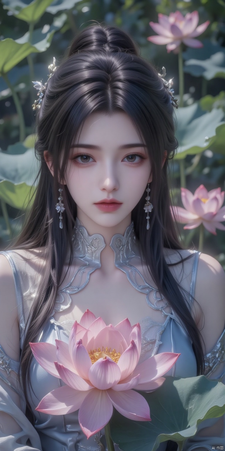 sdmai,bohenv,Lotus,lotus pond,water drops,1girl,solo,realistic,flower,looking at viewer,water,black hair,parted lips,jewelry,long hair,earrings,brown eyes,lips,