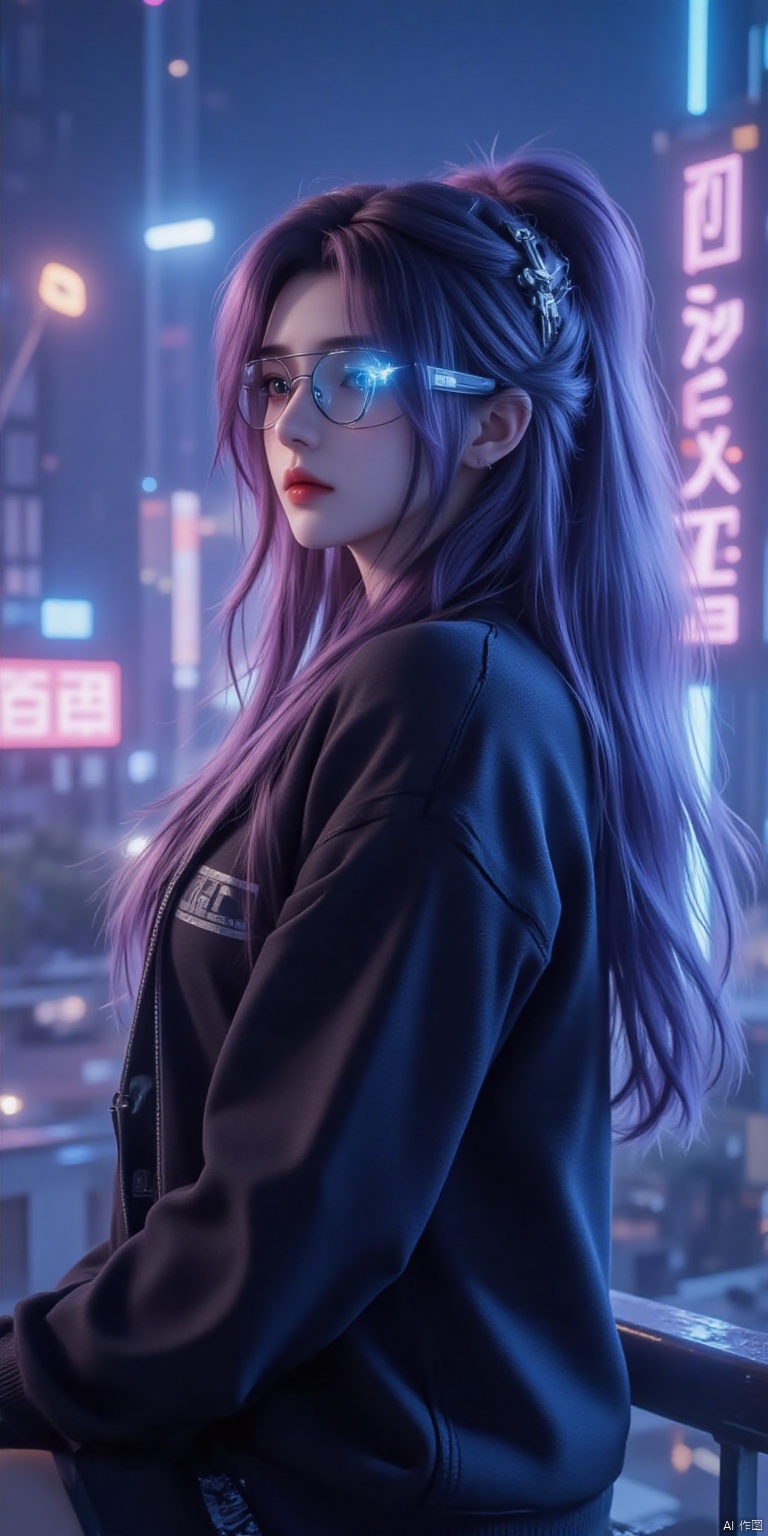 A stunning cyberpunk heroine with an electronic eyeglass, set against a backdrop of neon-lit cityscapes. The framing captures her profile, the eyeglass a sleek, futuristic fixture on her left eye. Soft blue lighting casts a warm glow, contrasting with the dark, gritty urban landscape. She stands confidently, one leg slightly bent, her long hair flowing like digital code.