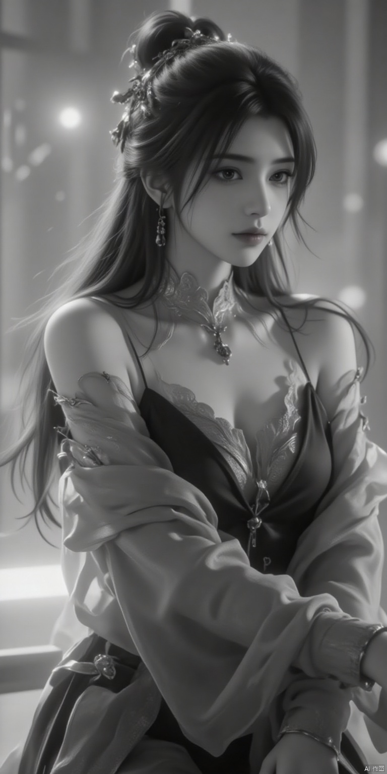 Black and white portrait, full body, high contrast, soft focus, subtle grain, ethereal atmosphere: A woman in elegant attire, dynamic pose, Motion Blur effect, wispy hair, gentle facial expression, Captured with a Long Exposure Photograph, emphasizing speed and fluidity.
