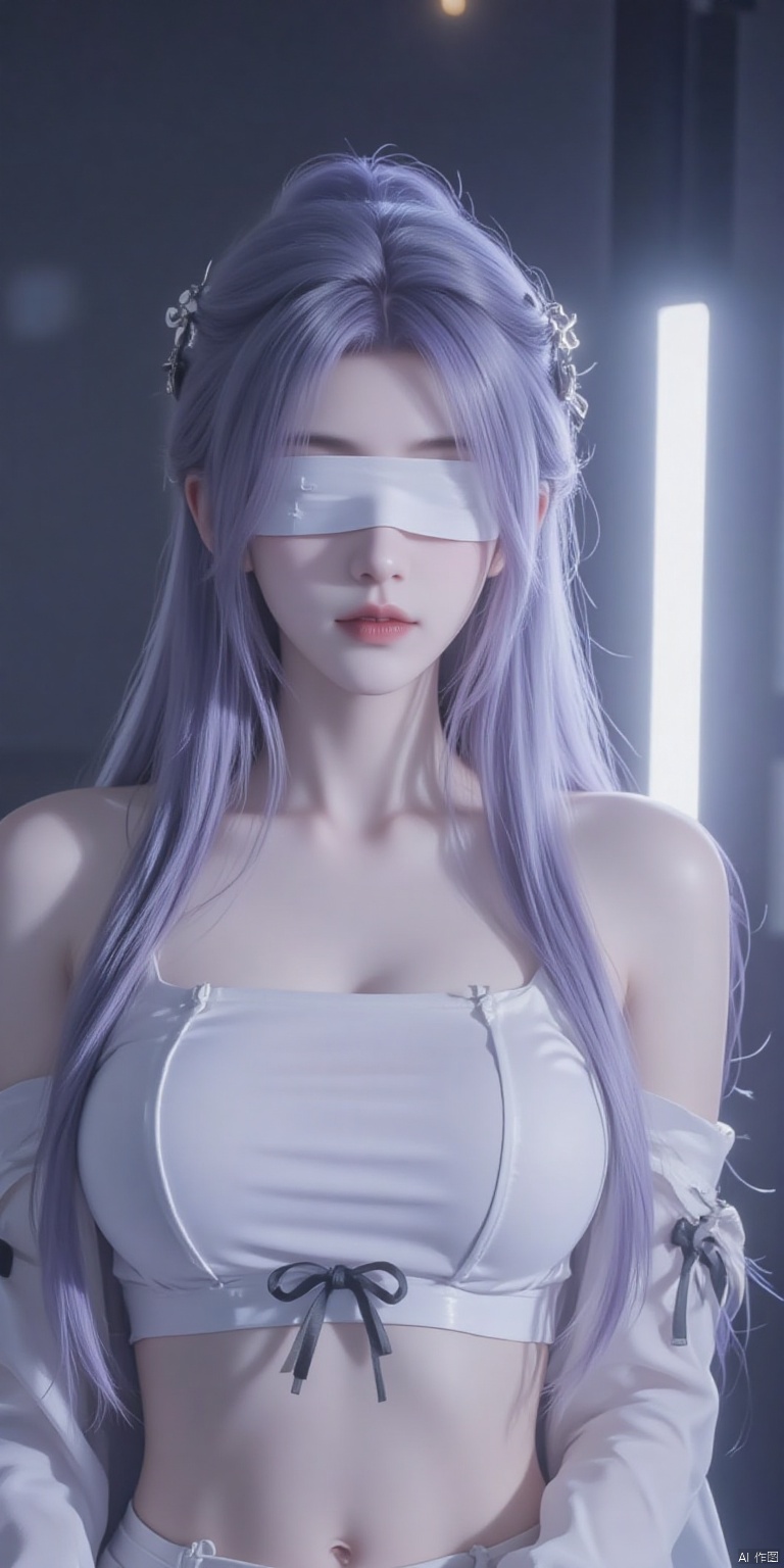 a woman with long,light blue hair,wearing a white strapless bra with a black bow at the bottom. Her eyes are covered by a white blindfold,adding a touch of privacy to the scene. The backdrop is a dark gray,with a light shining on the right side of the image,creating a stark contrast.,