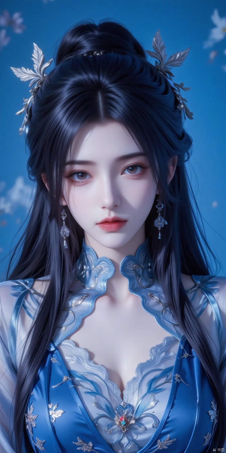Close-up of an Asian woman with long black hair. Dressed in a blue kimono, decorated with intricate designs. The woman's face is adorned with bright red eyes, adding a pop of color to the scene. The background is a vibrant blue that contrasts nicely with the women's attire. The outfit is embellished with intricate patterns adding synthetic depth.
