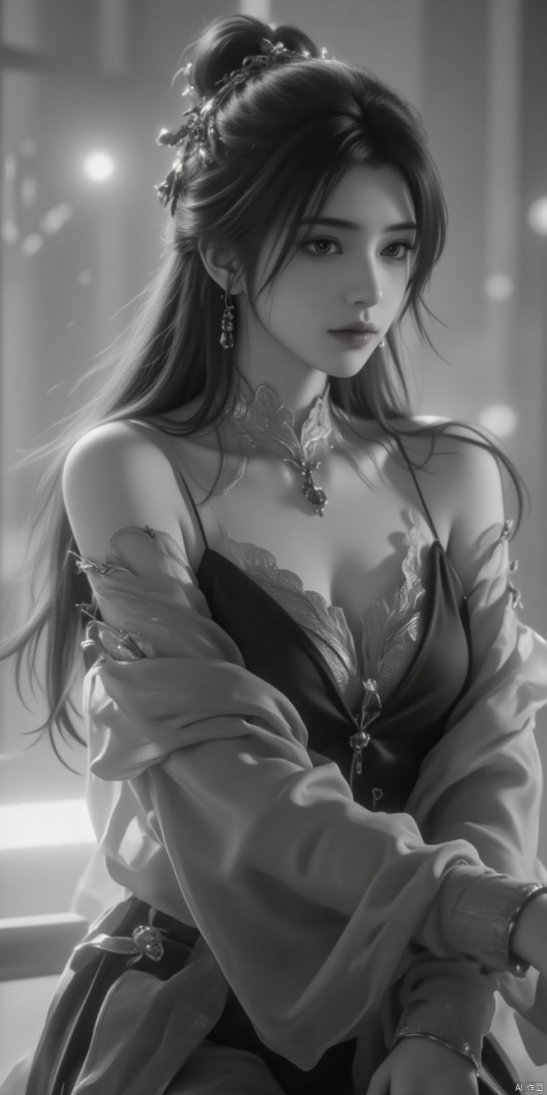 Black and white portrait, full body, high contrast, soft focus, subtle grain, ethereal atmosphere: A woman in elegant attire, dynamic pose, Motion Blur effect, wispy hair, gentle facial expression, Captured with a Long Exposure Photograph, emphasizing speed and fluidity.