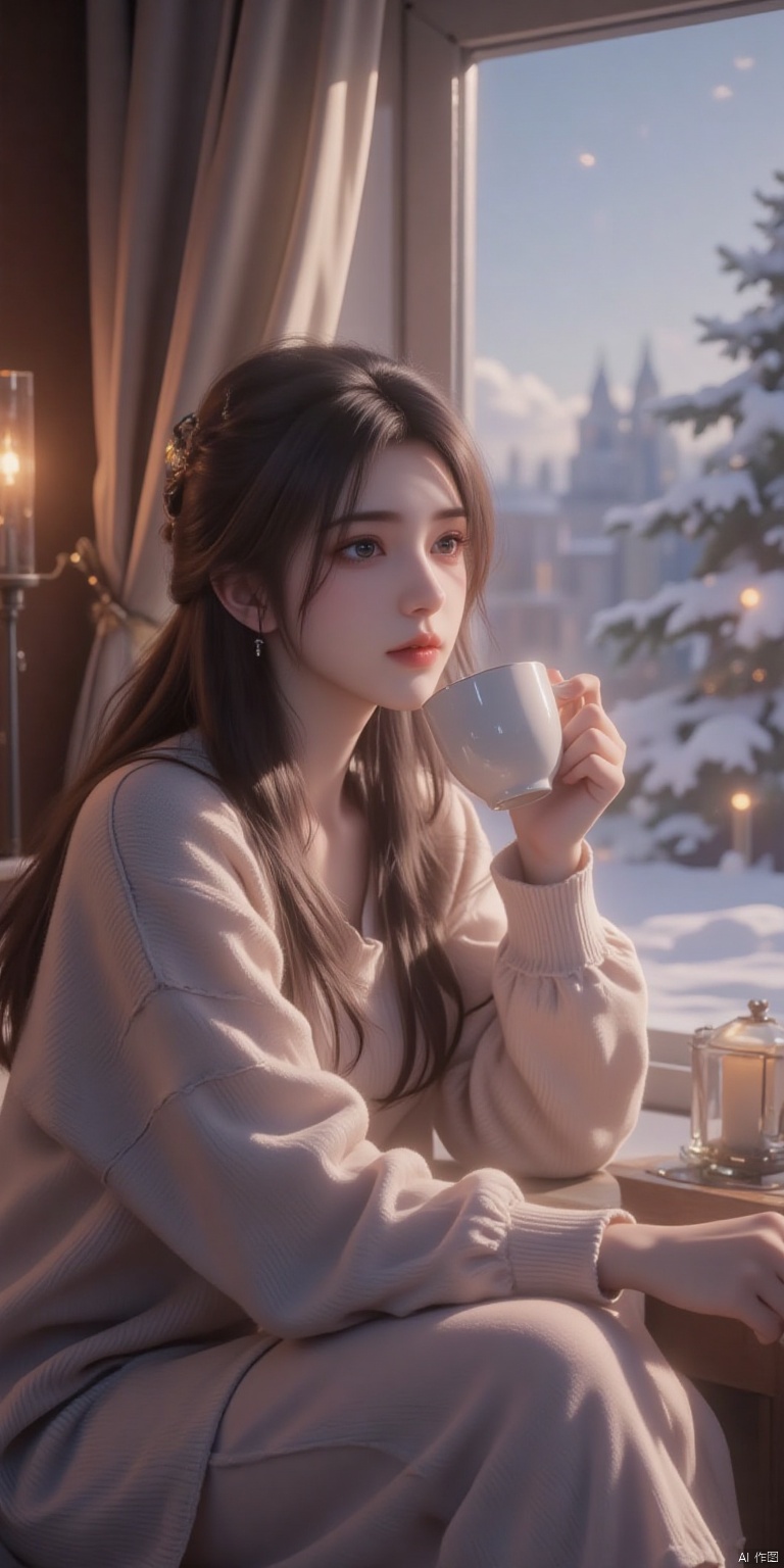 A portrait of a woman with long, wavy brown hair, wearing a comfortable sweater and pajamas, contentedly drinking tea while looking out the window at a snowy landscape from her cozy bedroom. The bedroom is decorated in a warm and inviting style. The overall mood is peaceful and comforting, highlighting the simple pleasures of a quiet evening at home. High resolution, 8k, soft lighting, hyperrealistic, photorealistic, detailed textures, shallow depth of field, lifestyle photography, everyday life, winter, bedroom, trending on artstation.
