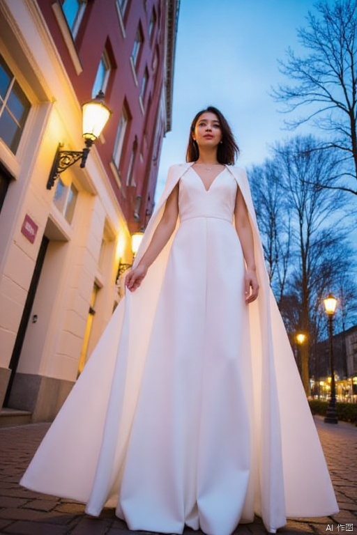 elevation view
Captured at eye-level on a cloudy day
a woman dressed in a white sleeveless wedding dress stands on a cobblestone street. Her dress is adorned with a long
flowing white skirt that reaches the entire circumference of her body. Her hair is styled in a sleek bob
adding a touch of movement to her face. The woman's hair is pulled back
cascading down to her shoulders. To the left of her
a white building with red trim is seen
adorned with windows and a black lamp post. The sky is a deep blue
with a few wispy white clouds. In the distance
a tree with no leaves can be seen.
