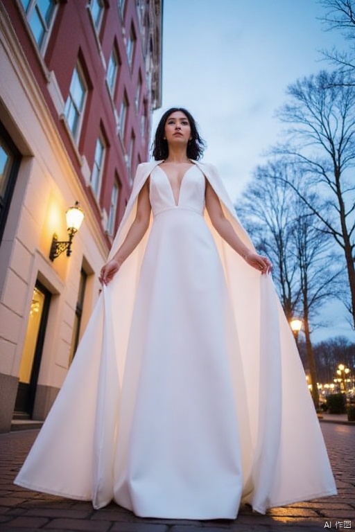 elevation view
Captured at eye-level on a cloudy day
a woman dressed in a white sleeveless wedding dress stands on a cobblestone street. Her dress is adorned with a long
flowing white skirt that reaches the entire circumference of her body. Her hair is styled in a sleek bob
adding a touch of movement to her face. The woman's hair is pulled back
cascading down to her shoulders. To the left of her
a white building with red trim is seen
adorned with windows and a black lamp post. The sky is a deep blue
with a few wispy white clouds. In the distance
a tree with no leaves can be seen.
