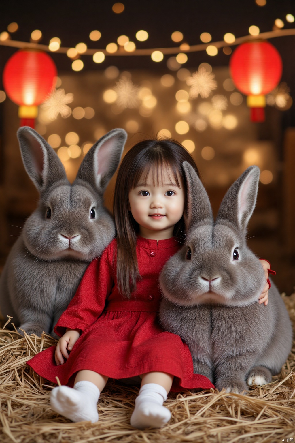 Captured in a close-up, eye-level perspective, a doll with long brown hair, wearing a red dress and white socks is sitting on a pile of straw. The doll's head is positioned on the left side of the frame, facing the viewer. A gray rabbit is positioned to the right of the doll, with its ears sticking up. The rabbit's ears are sticking up, adding a touch of warmth to the scene. In the background, a row of Christmas lights can be seen. Two red lanterns are hanging from the top of the image. The background is blurred, creating a stark contrast to the doll and rabbit.