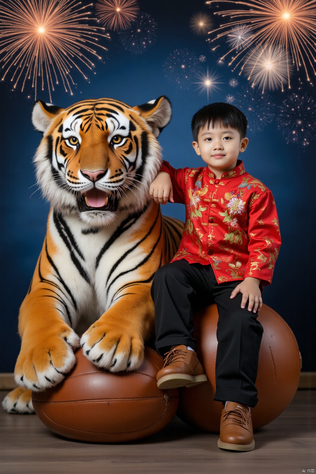 Captured at eye-level, a medium-sized model of a young Asian boy is seated on a brown leather ball, his right arm resting on the arm of a stuffed tiger. The young boy is dressed in a red Chinese shirt, black pants, and brown leather shoes. The tiger is adorned with black and white stripes, and a pink nose. Its mouth is open, revealing a pink tongue. The backdrop is a dark blue, adorned with fireworks, adding a pop of color to the scene.