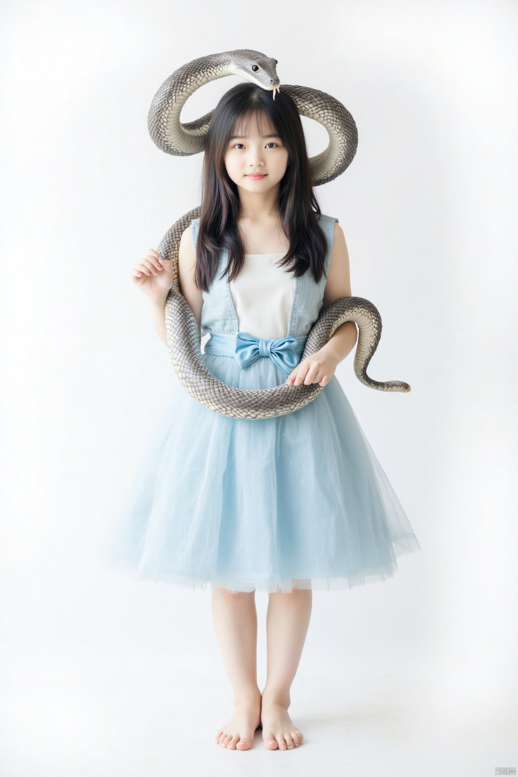 A mysterious figure appears against a pristine white background, a serpentine presence surrounding her head. A woman with long dark brown hair stands in a circular pose, wearing a light blue skirt with a blue bow at the waist and matching vest. skirt. A large gray snake coiled around her head, its black eyes and tail striking the woman's black hair.