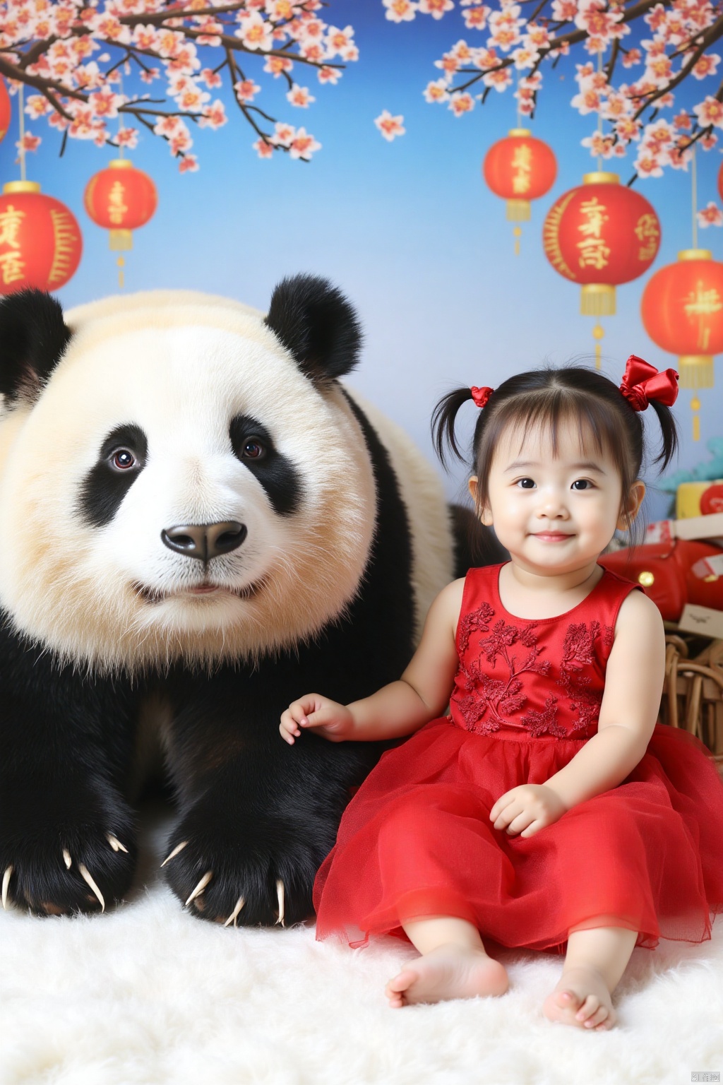 a young girl, dressed in a red dress, is seated on a white fluffy blanket. Her hair is styled in a ponytail, adorned with a red bow, adding a pop of color to the scene. The panda, its black and white fur, is positioned to the left of the girl, positioned in front of her. The backdrop, a backdrop of a blue sky, is adorned with red Chinese lanterns.