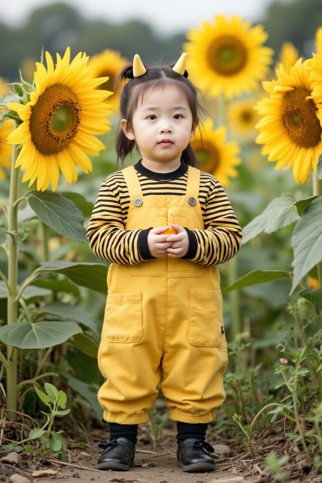a little girl stands in a field of sunflowers. She is dressed in a yellow and black striped jumpsuit, adorned with black socks and black shoes. Her hair is tied back in a ponytail, with two small horns on top of her head. Her eyes are a piercing blue, and her lips are a light brown. Her hands are clasped in front of her, and she is holding a small yellow object in her hands. The background is blurred, suggesting a natural setting.